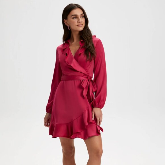 Ruffle Detail Wrap Dress - Cherry - Picture 1 of 8